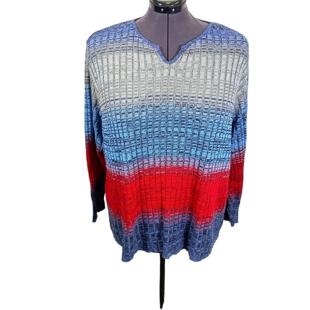 Women's Plus size 3X (26-28) blue red Pull on V neck knit long sleeve sweater